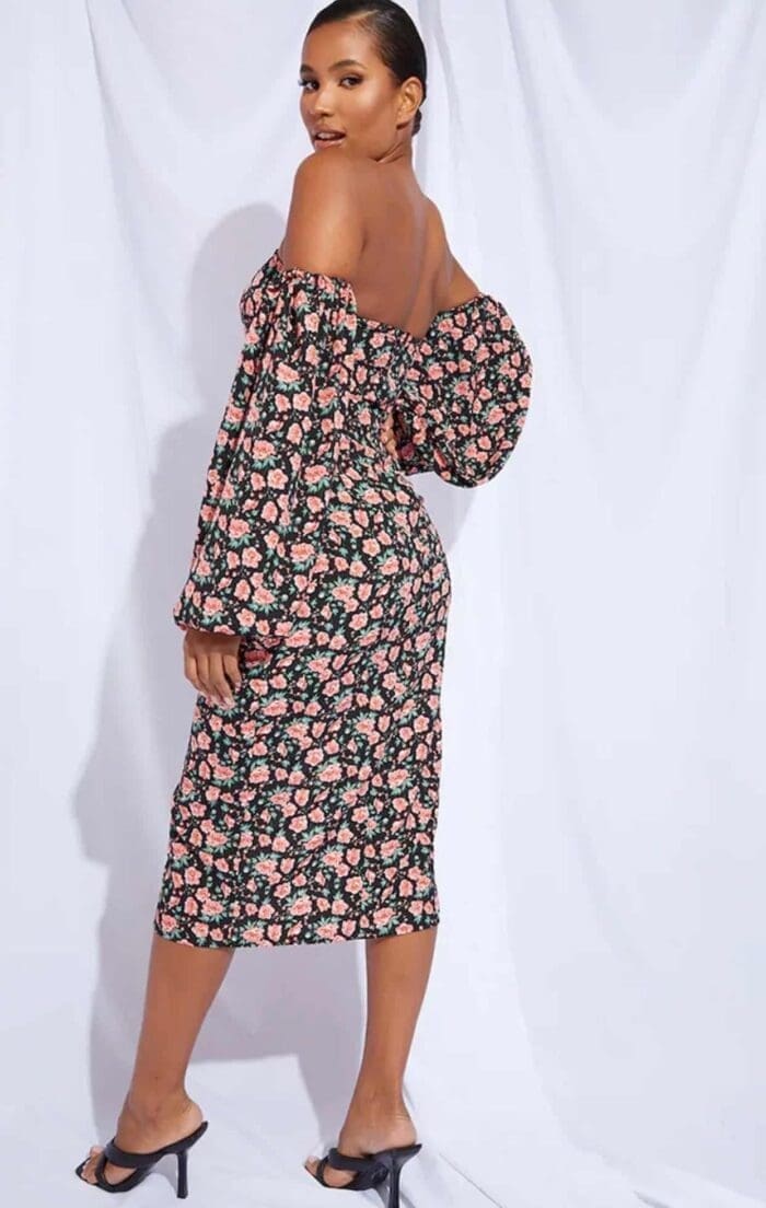Plt black floral Bardot puff sleeve wrap dress - Image 2