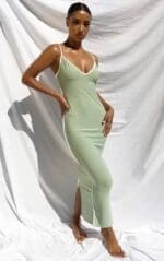 Sage Green Contrast Trim Detail V Neck Strappy Maxi Dress - Image 2