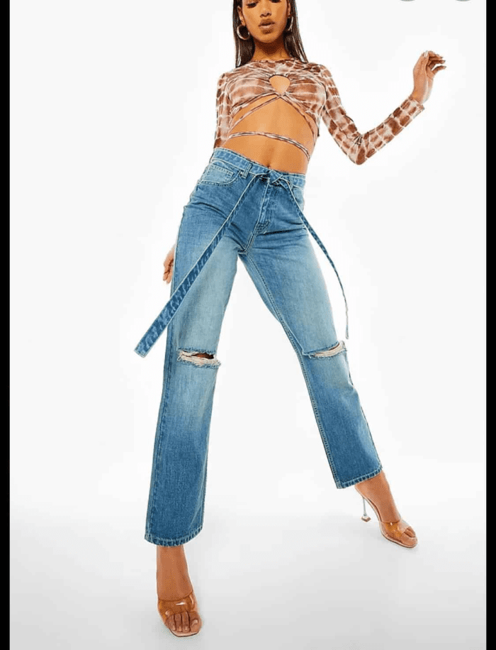 Isawitfirst mid rise busted knee boyfriend jeans with belt - Image 2