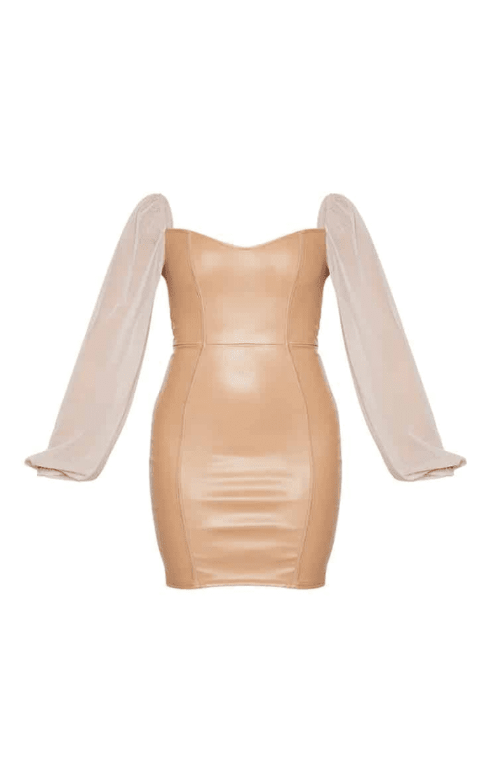Plt stone pu binding detail mesh balloon sleeve bodycon dress - Image 2