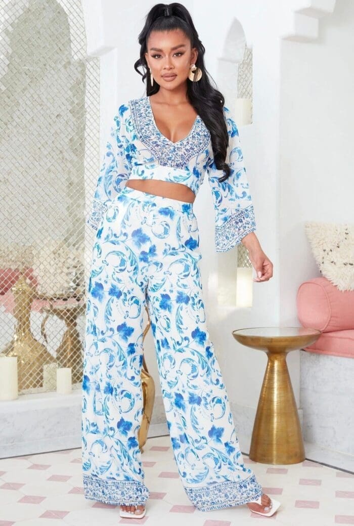 Aubrey Floral Wide Leg Pant Set - Blue/combo - Image 2