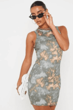 Khaki Tie Dye Jersey Racer Neck Bodycon Dress - Image 4
