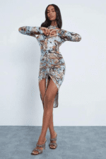 Ruched Abstract Front Helter Cut Out Midi Dress - Image 3