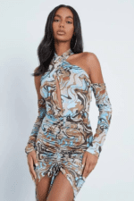 Ruched Abstract Front Helter Cut Out Midi Dress - Image 5