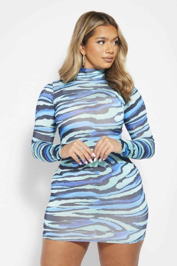Slinky long sleeve body on dress blue abstract - Image 2