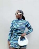 Slinky long sleeve body on dress blue abstract