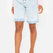 Plt acid blue wash denim longline turn up boyfriend shorts