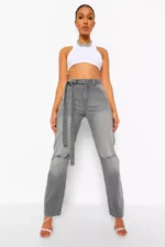 Isawitfirst mid rise busted knee boyfriend jeans with belt