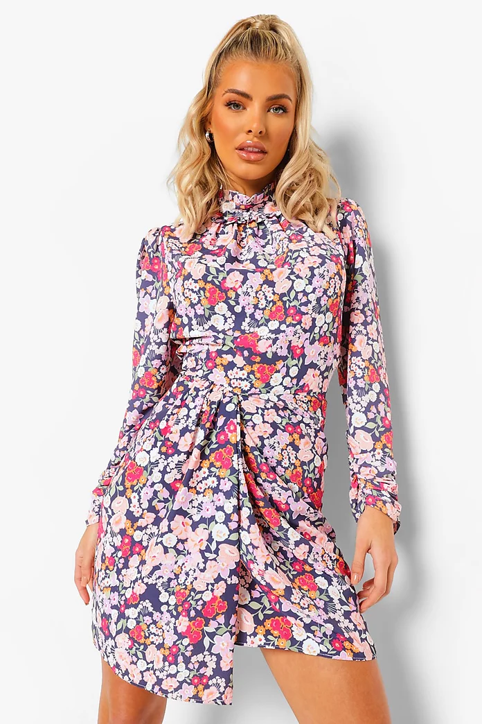 Boohoo floral high neck draped mini dress - Image 1