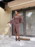 Plt black floral Bardot puff sleeve wrap dress