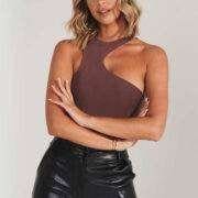 Luxe To Kill Brown asymmetric high neck bodysuit