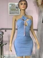 BNWT Oh Poly Tesni Light Baby Blue Plunge Cowl Drape Bodycon Mini Dress