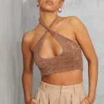 Brown Towelling Cross Over Halter Crop Top