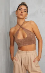Brown Towelling Cross Over Halter Crop Top