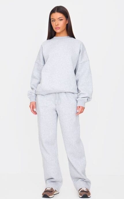 Prettylittlething Ash Grey Small Wide Leg Jogger With Sweatshirt Tracksuit