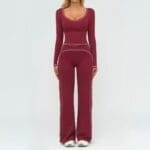 Contrast Trim Long Sleeve Yoga Set – Premium Flare Pants Edition